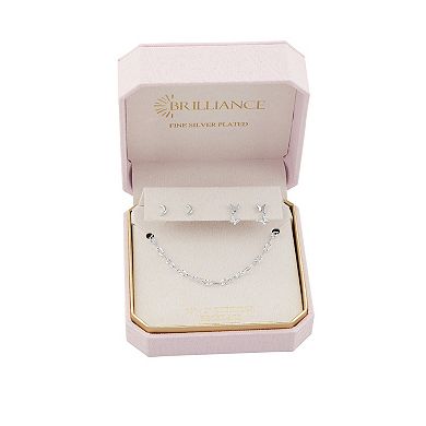 Brilliance 2-Pair Fine Silver-Plated Cubic Zirconia Crescent Moon & Butterfly Drop Earrings & Chain Set