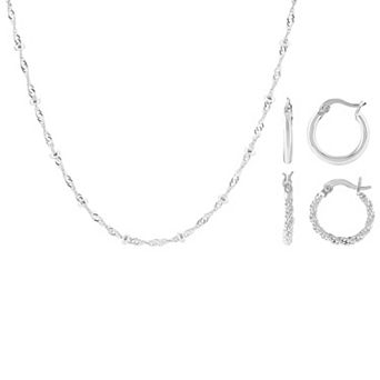 Brilliance 2-Pair Fine Silver-Plated Cubic Zirconia Accent Hoop Earrings & Singapore Beaded Chain Set