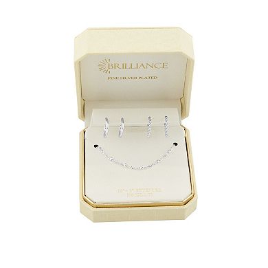 Brilliance 2-Pair Fine Silver-Plated Cubic Zirconia Accent Hoop Earrings & Singapore Beaded Chain Set