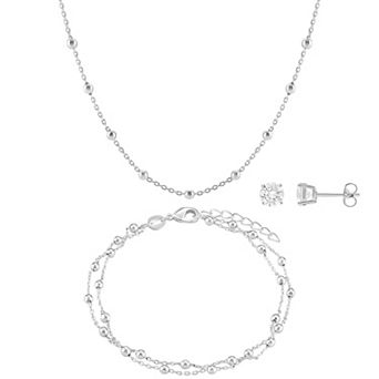 Brilliance 3 pc Fine Silver-Plated Cubic Zirconia Stud Earrings, Bracelet & Necklace Set