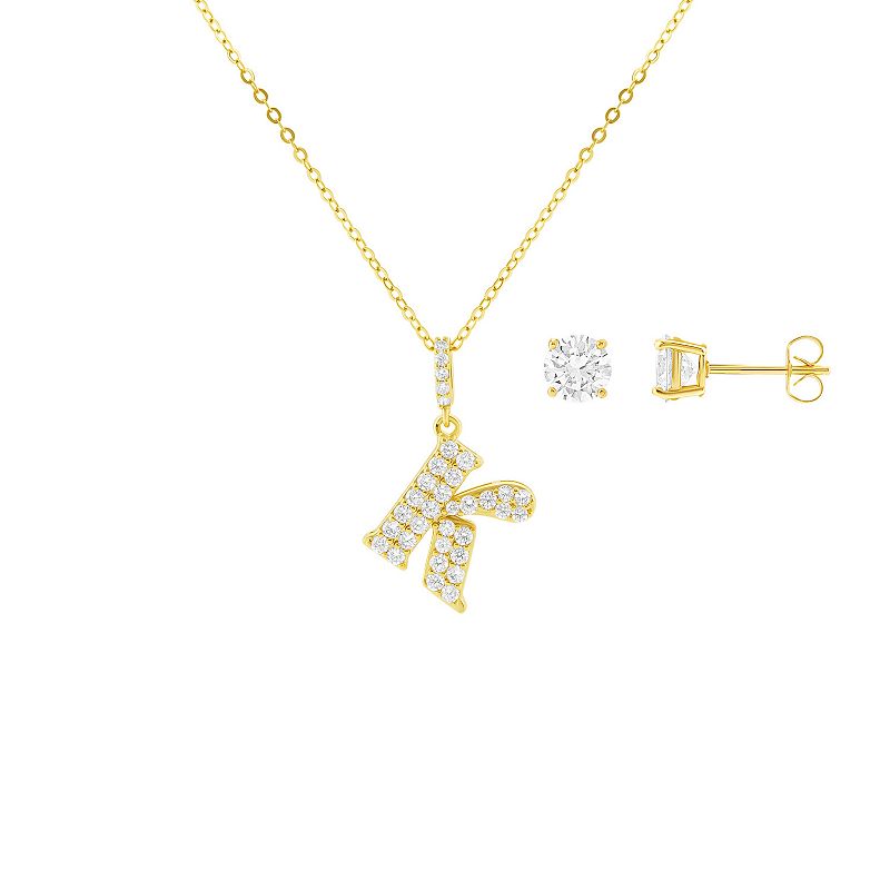 Brilliance Cubic Zirconia Stud Earrings & Initial Pendant Necklace Set, Women's, Gold Tone K