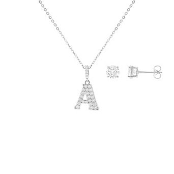 Brilliance Cubic Zirconia Stud Earrings & Initial Pendant Necklace Set