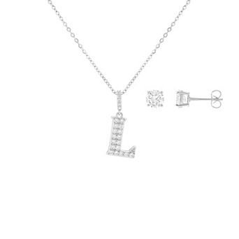 Brilliance Cubic Zirconia Stud Earrings & Initial Pendant Necklace Set
