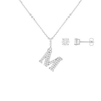 Brilliance Cubic Zirconia Stud Earrings & Initial Pendant Necklace Set