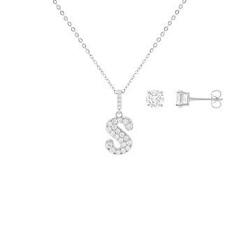 Brilliance Cubic Zirconia Stud Earrings & Initial Pendant Necklace Set