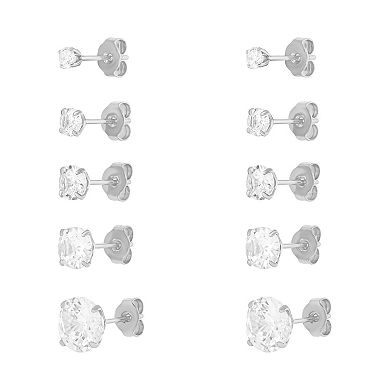 Brilliance 5-Pair Cubic Zirconia Round Stud Earring Set