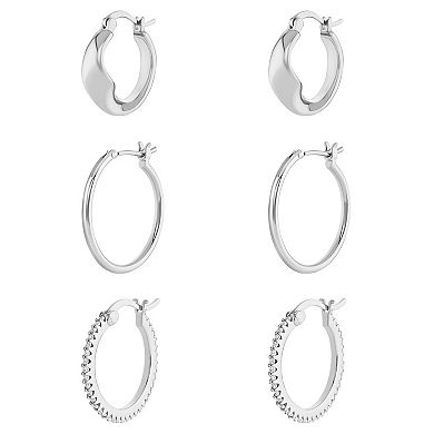 Brilliance 3-Pair Cubic Zirconia Polished Hoop & Pave Hoop Earring Set