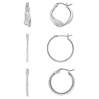 Brilliance 3-Pair Cubic Zirconia Polished Hoop & Pave Hoop Earring Set