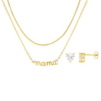 Brilliance Gold-Tone Heart Cubic Zirconia Stud Earrings & Double Layer "Mama" Necklace Set