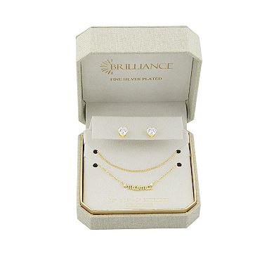Brilliance Gold-Tone Heart Cubic Zirconia Stud Earrings & Double Layer "Mama" Necklace Set