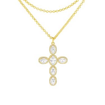 Brilliance Gold-Tone Cubic Zirconia Double Layer Cross Pendant Necklace