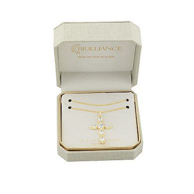 Brilliance Gold-Tone Cubic Zirconia Double Layer Cross Pendant Necklace
