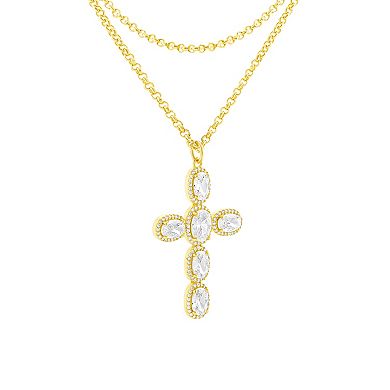 Brilliance Gold-Tone Cubic Zirconia Double Layer Cross Pendant Necklace