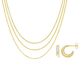 Brilliance Gold-Tone Cubic Zirconia C Hoop Earrings & Triple Layer Snake Chain Necklace Set