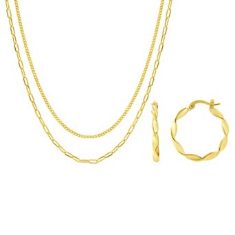 Brilliance Gold Tone Polished Twisted Hoop Earrings & Double Layer Chain Necklace Set