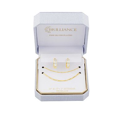 Brilliance Gold-Tone Baguette Cubic Zirconia Hoop Earrings & Double Layer Chain Necklace Set