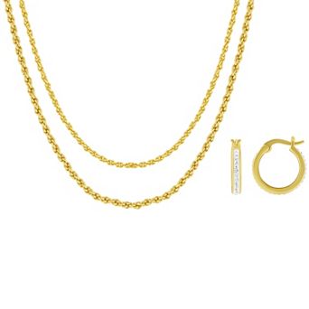 Brilliance Gold-Tone Crystal Stone Hoop Earrings & Double Layer Rope Chain Necklace Set