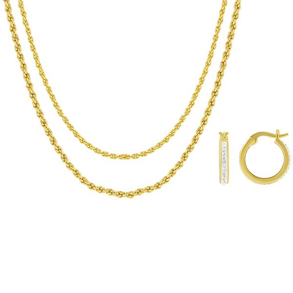 Brilliance Gold-Tone Crystal Stone Hoop Earrings & Double Layer Rope ...