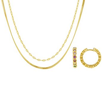 Brilliance Gold-Tone Multi-Gemstone Hoop Earrings & Double Layer Necklace Set