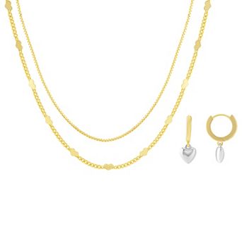 Brilliance Cubic Zirconia Accent Heart Hoop Earrings & Double Layer Necklace Set