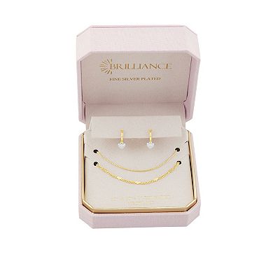 Brilliance Cubic Zirconia Accent Heart Hoop Earrings & Double Layer Necklace Set