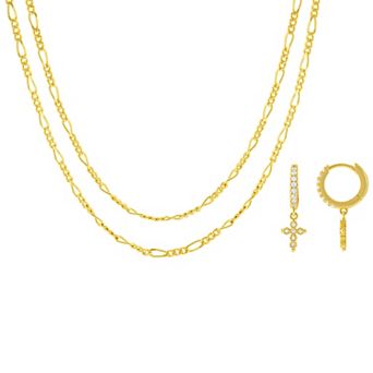 Brilliance Gold-Tone Cubic Zirconia Cross Earrings & Double Layer Figaro Chain Set
