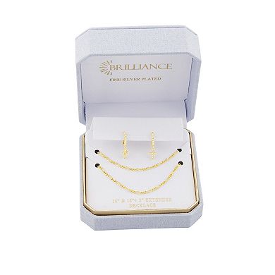 Brilliance Gold-Tone Cubic Zirconia Cross Earrings & Double Layer Figaro Chain Set