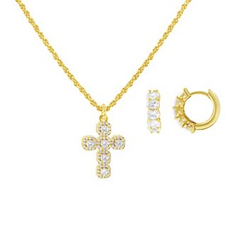 Brilliance Gold-Tone Cubic Zirconia Hoop Earrings & Cross Pendant Necklace Set