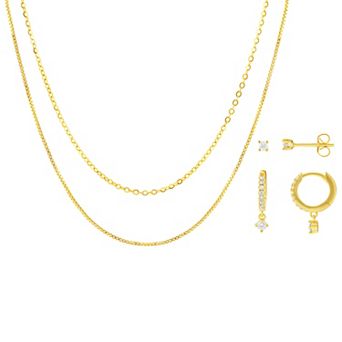 Brilliance 2-Pair Gold-Tone Cubic Zirconia Hoop & Stud Earrings & Necklace Set