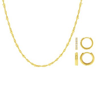 Brilliance 2-Pair Gold-Tone Cubic Zirconia Hoop Earrings & Beaded Singapore Chain Set