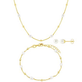 Brilliance Gold-Tone Simulated Pearl Stud Earrings, Bracelet & Necklace Set