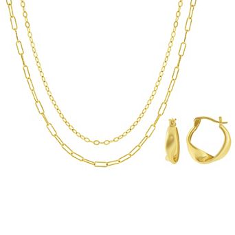 Brilliance Gold-Tone Twist Hoop Earrings & Double Layer Paperclip Link Chain Set