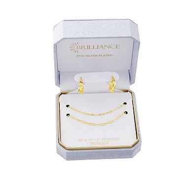 Brilliance Gold-Tone Twist Hoop Earrings & Double Layer Paperclip Link Chain Set