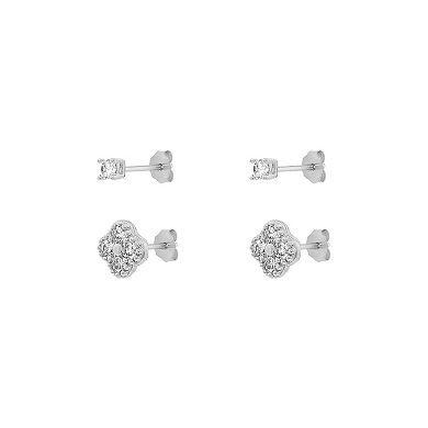 PRIMROSE Silver-Plated Cubic Zirconia Round & Clover Stud Earrings Duo Set
