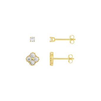 PRIMROSE Silver-Plated Cubic Zirconia Round & Clover Stud Earrings Duo Set