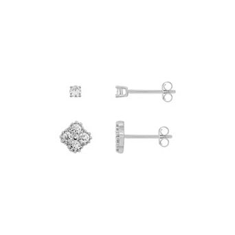 PRIMROSE Silver-Plated Cubic Zirconia Round & Clover Stud Earrings Duo Set