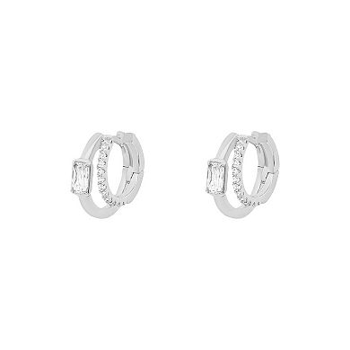 PRIMROSE Silver-Plated Baguette Cubic Zirconia Double Hoop Earrings