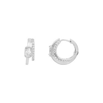 PRIMROSE Silver-Plated Baguette Cubic Zirconia Double Hoop Earrings
