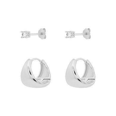 PRIMROSE Silver-Plated Round Cubic Zirconia Stud & Polished Hoop Earrings Duo Set