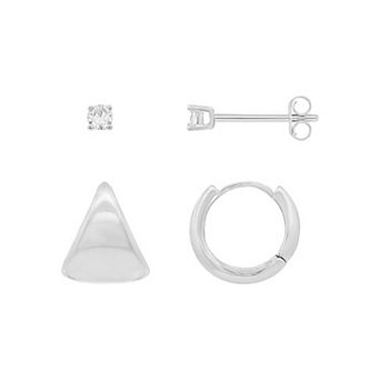 PRIMROSE Silver-Plated Round Cubic Zirconia Stud & Polished Hoop Earrings Duo Set