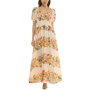 Women's Maison Tara Printed Linen Smock Waist Maxi Dress