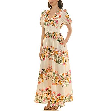 Women's Maison Tara Printed Linen Smock Waist Maxi Dress