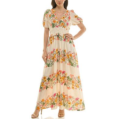 Women's Maison Tara Printed Linen Smock Waist Maxi Dress