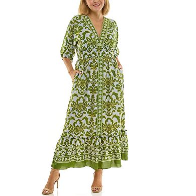 Plus Size Maison Tara Border Print Smocked Maxi Dress