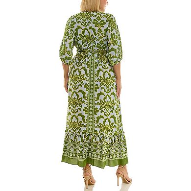 Plus Size Maison Tara Border Print Smocked Maxi Dress