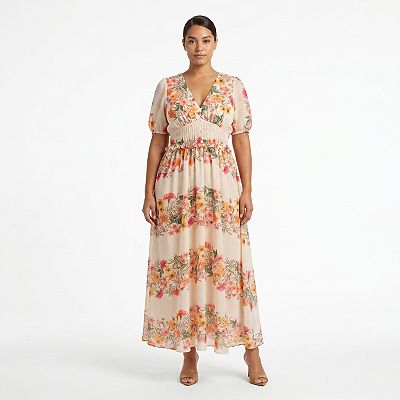 Moda Tara Plus Size Floral Short Puff Sleeve Button Front Detail Maxi Dress, Womens, 20W, Ivory Multi