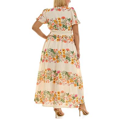 Plus Size Maison Tara Printed Linen Smocked Maxi Dress
