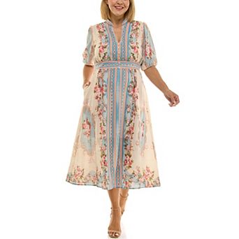 Plus Size Maison Tara Border Print Linen Midi Dress