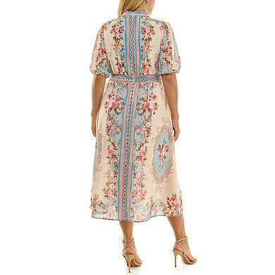 Plus Size Maison Tara Border Print Linen Midi Dress