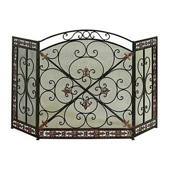 Traditional 3 Panel Metal Fireplace Screen With Filigree Design, Bronze, Black